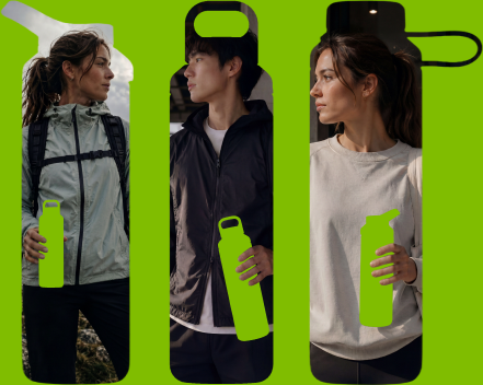 Three people shown inside bottle-shaped photo frames, each holding a GoBottle