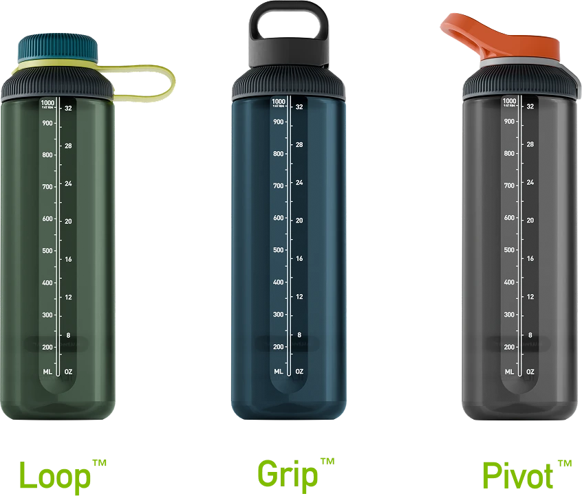 Three GoBottles side by side, labelled Loop, Grip and Pivot